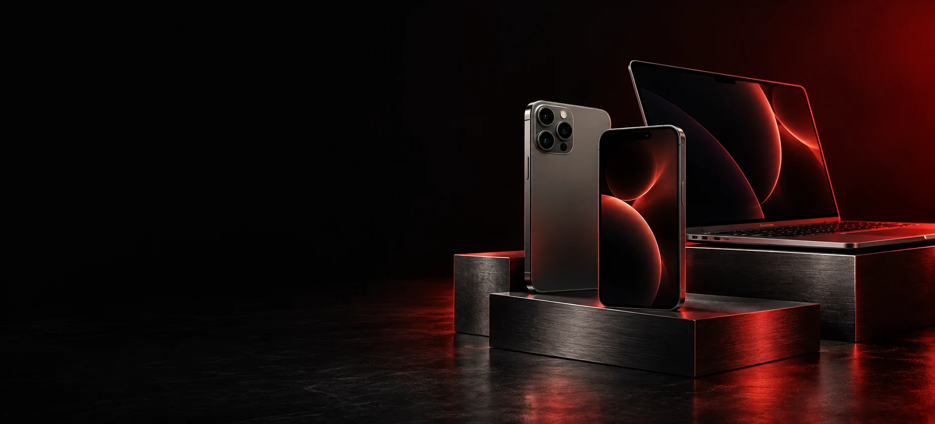 Composizione di smartphone e laptop con luce rossa